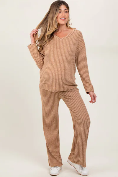PinkBlush Taupe Ribbed Soft Knit Long Sleeve Maternity Pajama Set