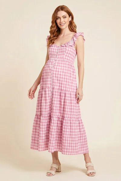Summer Mae Summer Mae Gingham Maternity Maxi Dress | Ruffle Tiered Bump Friendly Casual Dress