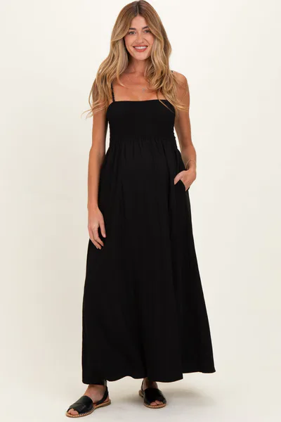PinkBlush Black Pom Pom Strap Smocked Maternity Maxi Dress