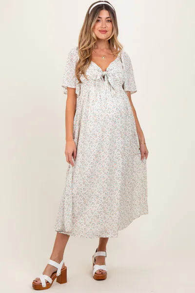 PinkBlush Peach Floral Front Tie Maternity Midi Dress