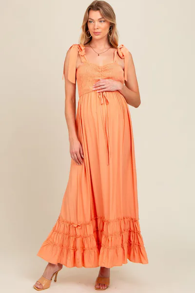 PinkBlush Orange Sweetheart Neck Smocked Shoulder Tie Maternity Maxi Dress