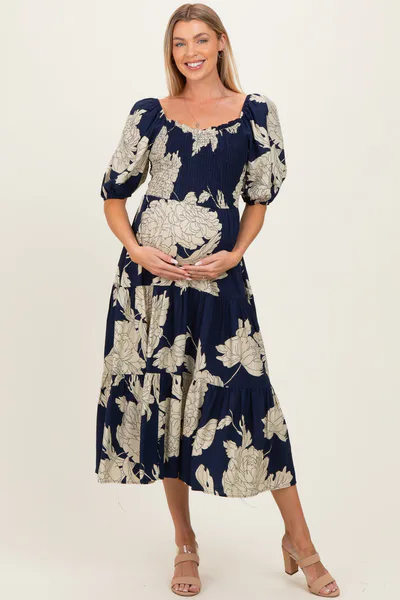 PinkBlush Navy Floral Cutout Tie Back Maternity Midi Dress