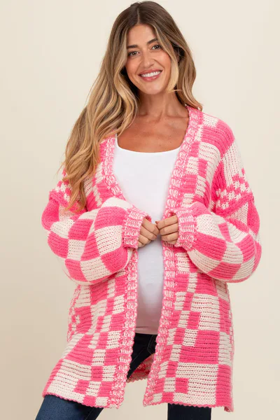 PinkBlush Fuchsia Mixed Check Pattern Chunky Maternity Cardigan