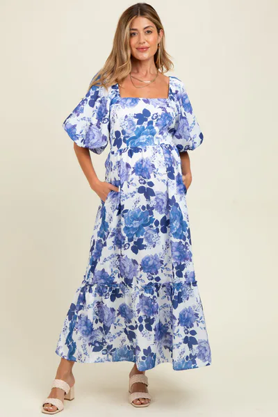 PinkBlush Blue Floral Square Neck Puffed Sleeve Maternity Maxi Dress