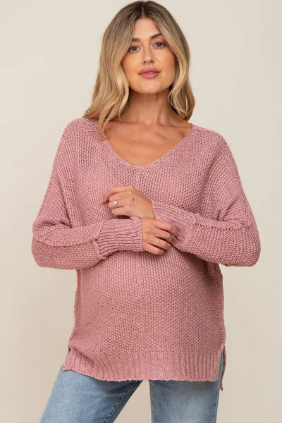 PinkBlush Mauve Chunky Knit Side Slit Maternity Sweater
