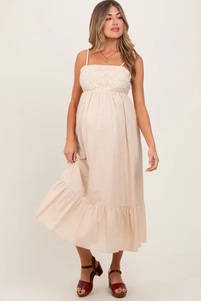 PinkBlush Beige Floral Embroidery Back Ribbon Maternity Midi Dress