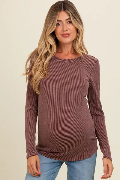 PinkBlush Brown Ribbed Scoop Neck Long Sleeve Maternity Top