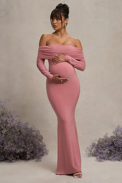 Club L London Pretty Perfect | Blush Pink Maternity Ruched Mesh Bardot Maxi Dress
