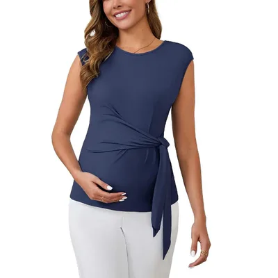 Target INSPIRE CHIC Women's Maternity Blouse Tie Front Belted Tunic Bowknot Tops Cap Sleeve Shirts Work Office Medium Navy