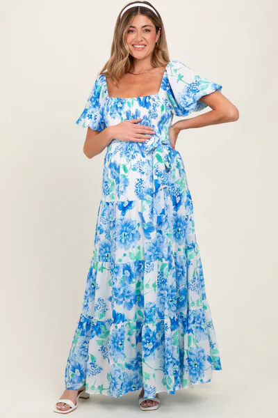 PinkBlush Blue Floral Smocked Puff Sleeve Maternity Maxi Dress