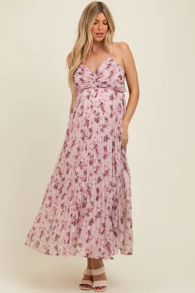 PinkBlush Light Pink Floral Pleated Chiffon Cutout Tie Back Maternity Maxi Dress