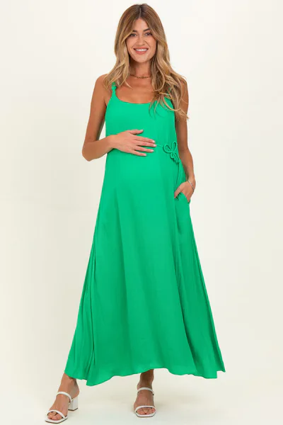 PinkBlush Green Sleeveless Flower Belt Maxi Dress