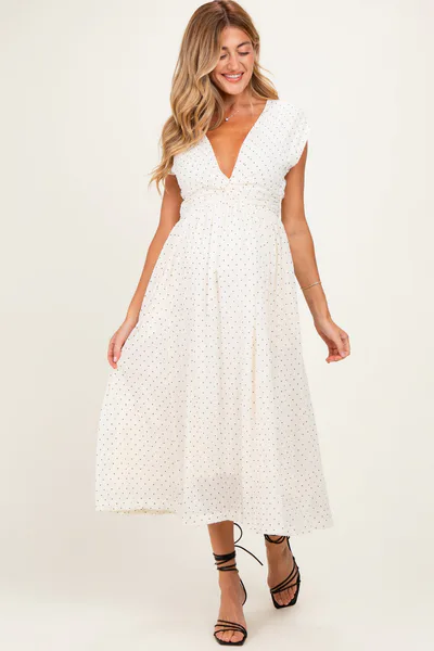 PinkBlush Cream Polka Dot Twisted Detail V Neck Maternity Maxi Dress