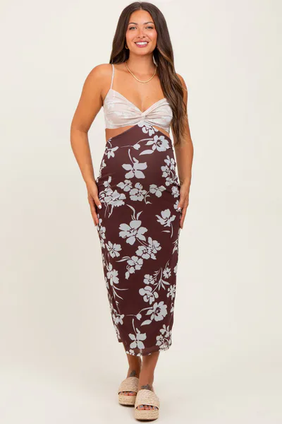PinkBlush Brown Colorblock Floral Cutout Sleeveless Maternity Maxi Dress
