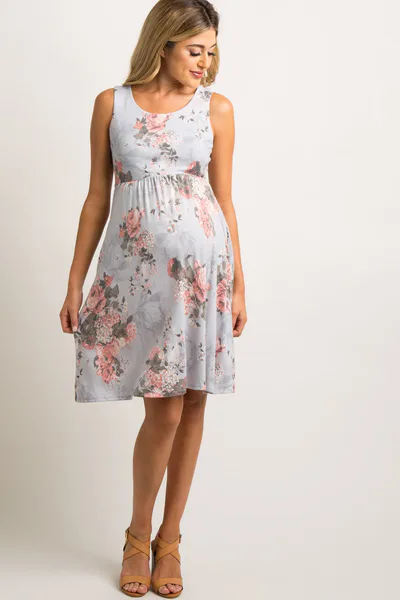 PinkBlush Light Grey Floral Sleeveless Maternity Dress