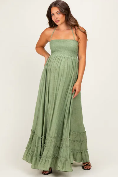 PinkBlush Light Olive Smocked Halter Open Back Maternity Maxi Dress