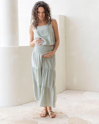 Angel Maternity Ellie Maternity Shirred Maxi Skirt in Mint Green