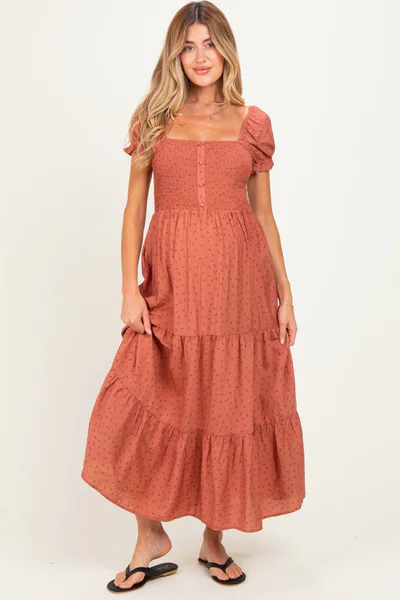 PinkBlush Mauve Tiny Floral Smocked Puff Sleeve Maternity Maxi Dress