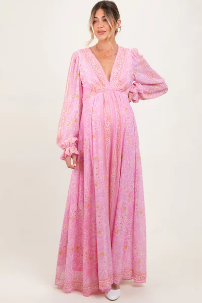 PinkBlush Pink Paisley Deep V-Neck Long Sleeve Maternity Maxi Dress