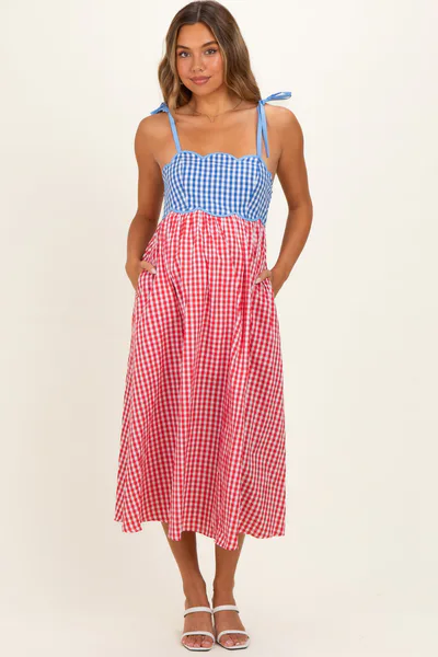 PinkBlush Red Gingham Colorblock Scallop Trim Maternity Midi Dress