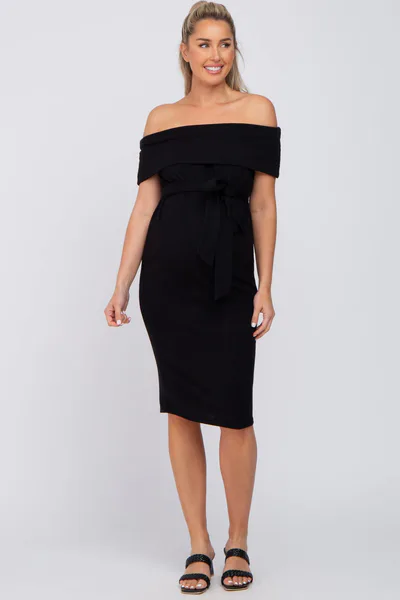 PinkBlush Black Folded Off Shoulder Waist Tie Maternity Midi Dress