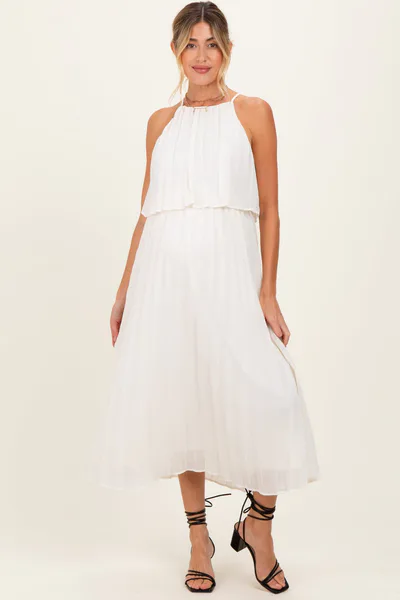 PinkBlush Cream Pleated Woven Maternity Midi Dress
