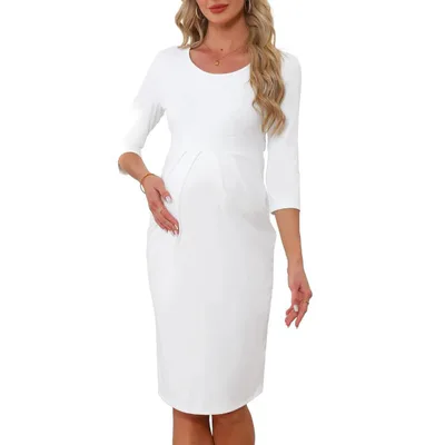 Target INSPIRE CHIC Women's Maternity Crew Neck 3/4 Sleeves Office Back Zipper Work Pregnancy Dresses Medium White