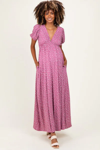 PinkBlush Mauve Floral V-Neck Short Sleeve Maternity Maxi Dress