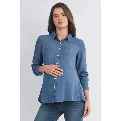 Target Hello Miz Women's Button Down Nursing Friendly Long Sleeve Maternity Shirt - Medium Denim - Medium