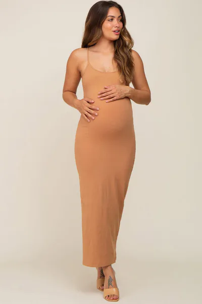 PinkBlush Camel Ribbed Basic Maternity Midi Dress
