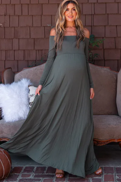 PinkBlush PinkBlush Olive Solid Off Shoulder Maternity Maxi Dress
