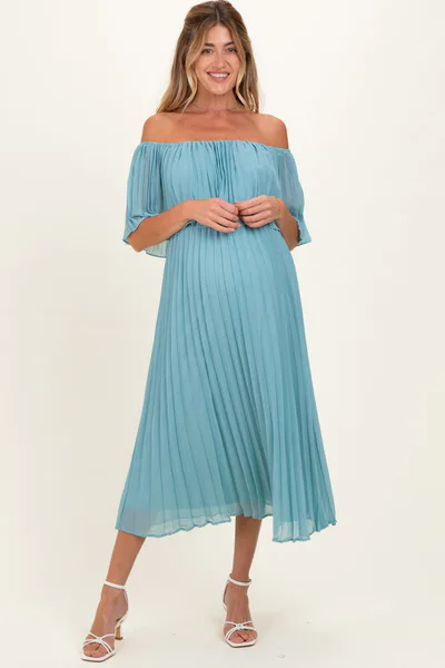 PinkBlush Blue Pleated Off Shoulder Flounce Maternity Midi Dress