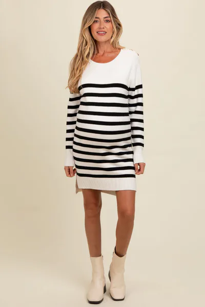 PinkBlush Ivory Striped Basic Maternity Sweater Dress
