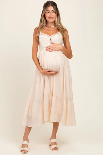 PinkBlush Cream Lace Detail Button Front Sleeveless Maternity Midi Dress