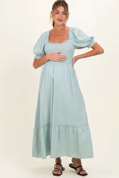 PinkBlush Sage Smocked Puff Sleeve Ruffle Trim Maternity Midi Dress