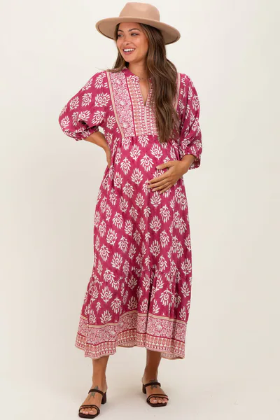 PinkBlush Pink Floral Contrast Print 3/4 Sleeve Maternity Midi Dress