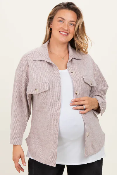PinkBlush Brown Brushed Knit Maternity Plus Shirt Jacket