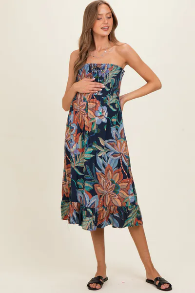 PinkBlush Navy Smocked Bodice Strapless Printed Maternity Midi Dress