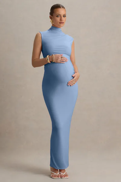 Club L London Kienna | Powder Blue Ruched High-Neck Maternity Maxi Dress