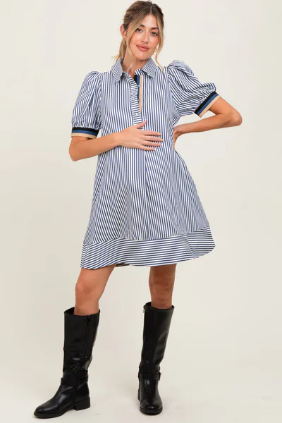 PinkBlush Navy Blue Striped Puff Sleeve Maternity Mini Shirt Dress