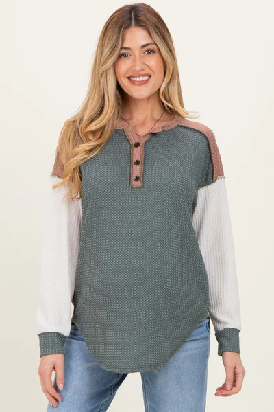 PinkBlush Olive Colorblock Relaxed Waffle Knit Maternity Henley