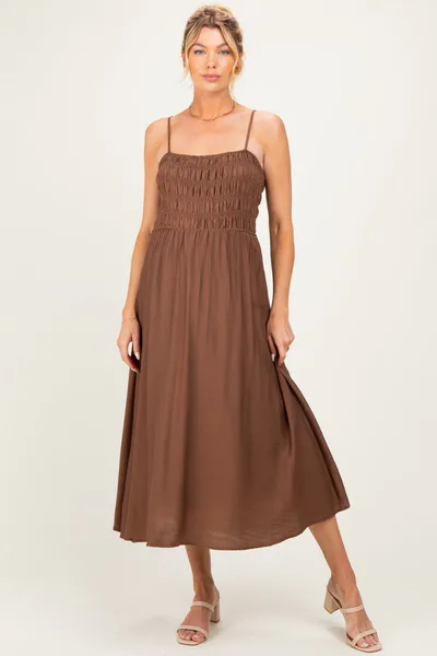 PinkBlush Brown Smocked Thin Strap Maternity Midi Dress