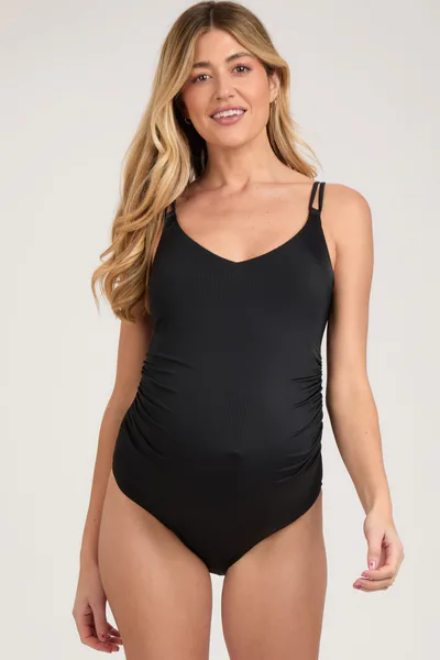 PinkBlush Black Ribbed V-Neck Lace-Up Back One-Piece Maternity Swimsuit
