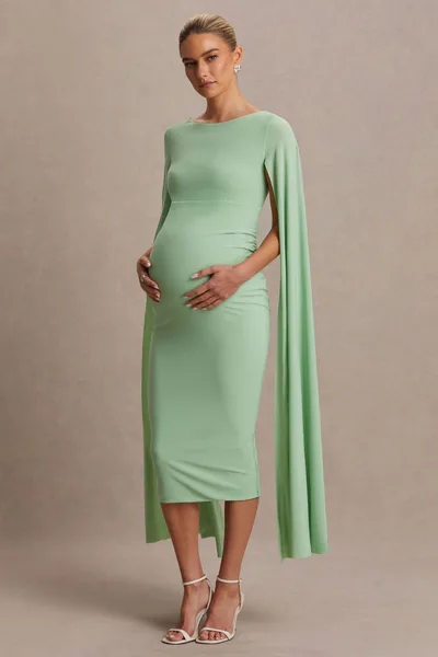 Club L London Providence | Light Green High-Neck Maternity Midi Dress With Cape Sleeves