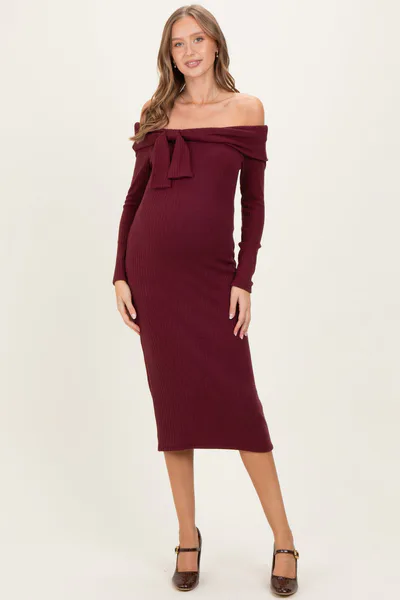 PinkBlush Burgundy Knit Off Shoulder Bow Detail Maternity Midi Dress