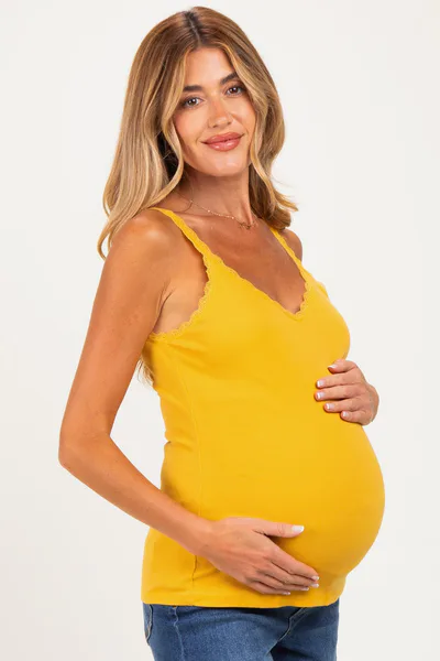 PinkBlush Mustard Lace Trim Detail Ribbed Maternity Knit Tank Top