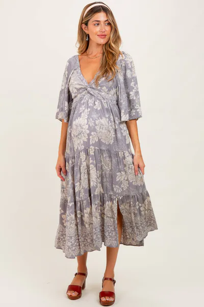 PinkBlush Light Grey Floral Twisted Front Tiered Maternity Midi Dress