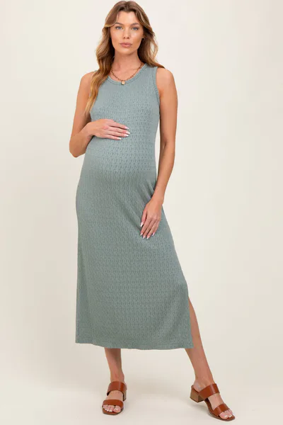 PinkBlush Green Jacquard Sleeveless Side Slit Maternity Midi Dress