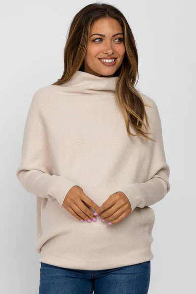 PinkBlush Beige Funnel Neck Dolman Sleeve Maternity Sweater