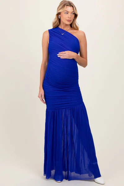 PinkBlush Royal Blue Ruched Mesh One Shoulder Maternity Maxi Dress